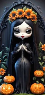 Gothic doll with pumpkins and flowers, Halloween theme.