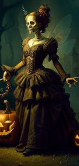 Gothic Halloween fairy with pumpkins in a mystical forest at night.