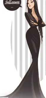 Gothic Halloween cartoon character in a sleek black dress.