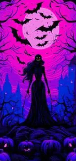 Gothic Halloween wallpaper with bats and purple moon.