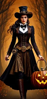 Gothic woman in Victorian outfit holding a pumpkin in a spooky forest setting.