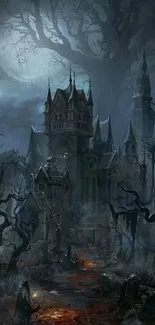 Dark gothic castle with eerie trees under a moonlit sky.