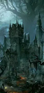 Gothic haunted castle under a moonlit sky with dark, eerie ambiance.