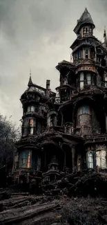 Eerie gothic manor with dark, spooky atmosphere under cloudy skies.