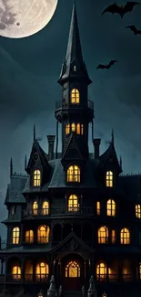 Gothic mansion with glowing windows under a full moon, surrounded by bats and fog.