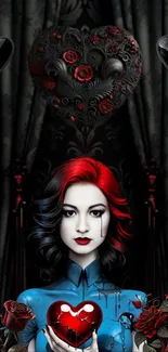 Gothic woman holding heart with roses and black design.