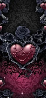 Gothic heart and roses mobile wallpaper.