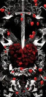 Gothic artwork featuring a heart with skull and sword motifs on a black background.