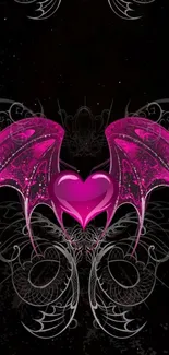 Gothic wallpaper with pink heart and intricate wings design on dark background.