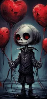 Gothic character holding heart-shaped red balloons.