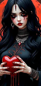 Gothic fantasy figure with a heart under a red moon.