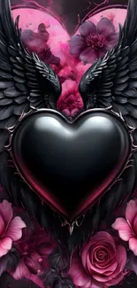 Dark heart with black wings and pink roses.