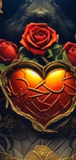 Gothic heart with red roses on dark wallpaper.