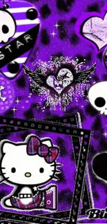 Gothic Hello Kitty mobile wallpaper with skulls and stars on a purple background.