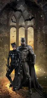 Gothic superhero and Catwoman in dark archway.