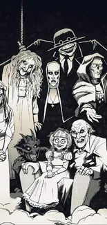 Gothic horror cartoon with eerie characters in black and white.