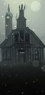 Eerie gothic house with foggy backdrop and vintage clock tower.