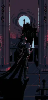 Knight in pixel art gazing at a gothic castle under a full moon.