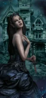 Gothic lady in front of haunted mansion, dark blue theme.