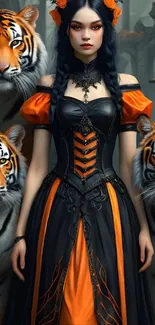 Gothic lady in black and orange dress with tigers.