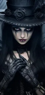 Gothic lady in dark attire with mysterious ambiance.