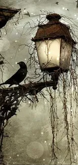 Gothic lantern with crow and vines in a moody setting.