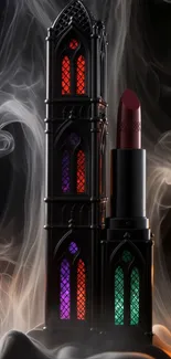 Gothic tower and lipstick with smoky background.