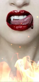 Closeup of glossy red lips with gothic flair.