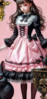 Gothic Lolita girl with rabbit and ornate details.
