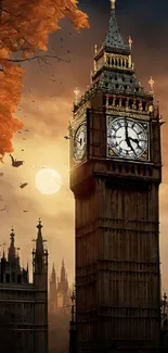 Big Ben at night with gothic elements, a full moon, and fall foliage.