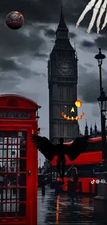 Gothic Halloween scene in London with dark sky and iconic landmarks.