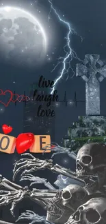 Gothic-themed wallpaper with moon, lightning, skulls, and the phrase 'Live Laugh Love.'