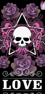 Gothic skull with purple roses and love motif on dark background mobile wallpaper.