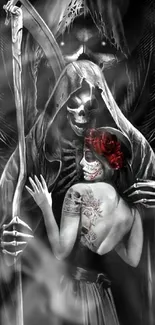 Gothic wallpaper featuring Grim Reaper with a tattooed woman in a dark embrace.