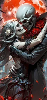 Gothic skeleton couple embrace with red roses under a full moon.