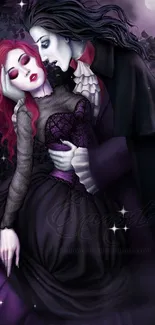 Gothic couple in romantic embrace under purple moonlight.