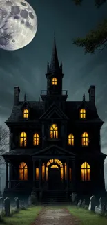 Haunting gothic mansion under a large full moon.