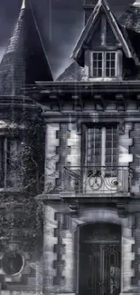 Gothic mansion wallpaper with dark, mysterious architecture under a cloudy sky.