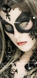 Gothic themed masked figure with ornate lace and captivating eyes.