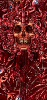 Gothic Medusa skull with snakes, vivid red tones.