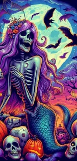 Gothic mermaid in vibrant Halloween scene with purple tones.