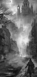 Gothic street with mist and castle silhouette in grayscale.