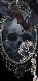 Gothic mirror artwork with skeletons and bats for a dark mobile wallpaper.