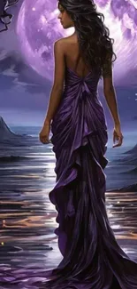 Woman in a purple gown under moonlight, fantasy art.