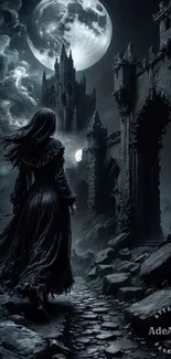 Mystical woman walking through moonlit ruins under a full moon.