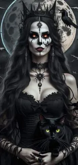 Gothic witch with black cat in moonlit night wallpaper.