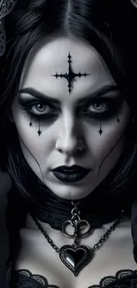 Gothic-themed mobile wallpaper with dark makeup and mysterious symbols.