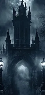 Gothic castle shrouded in fog with lamplight.