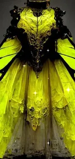 Gothic dress with a neon butterfly theme on a dark background.