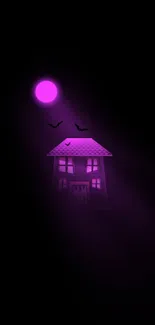 Gothic house under purple moonlight with bats flying at night.